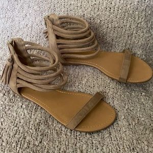 Tan suede-like sandals—price drop!